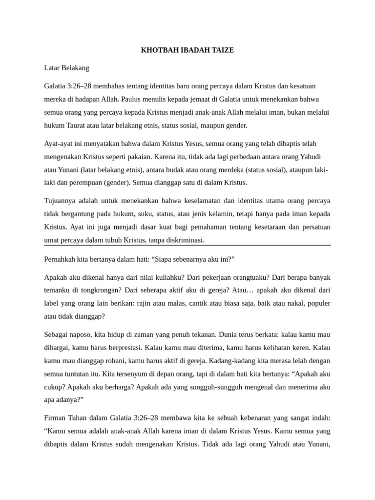 Khotbah Ibadah Taize | PDF