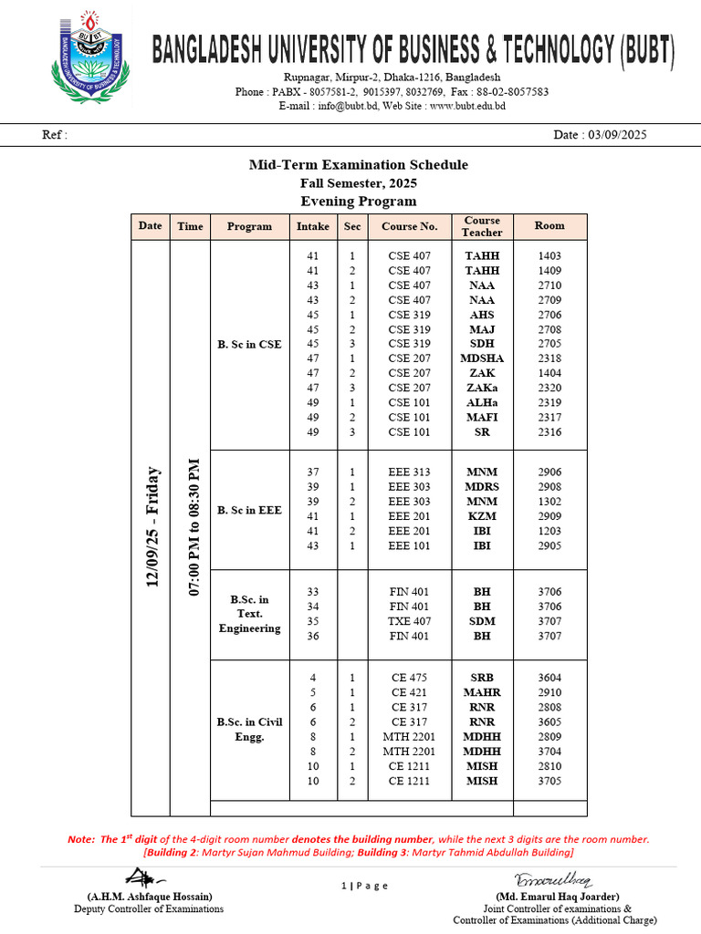 Fall 2025 Evening Exam Schedule | PDF