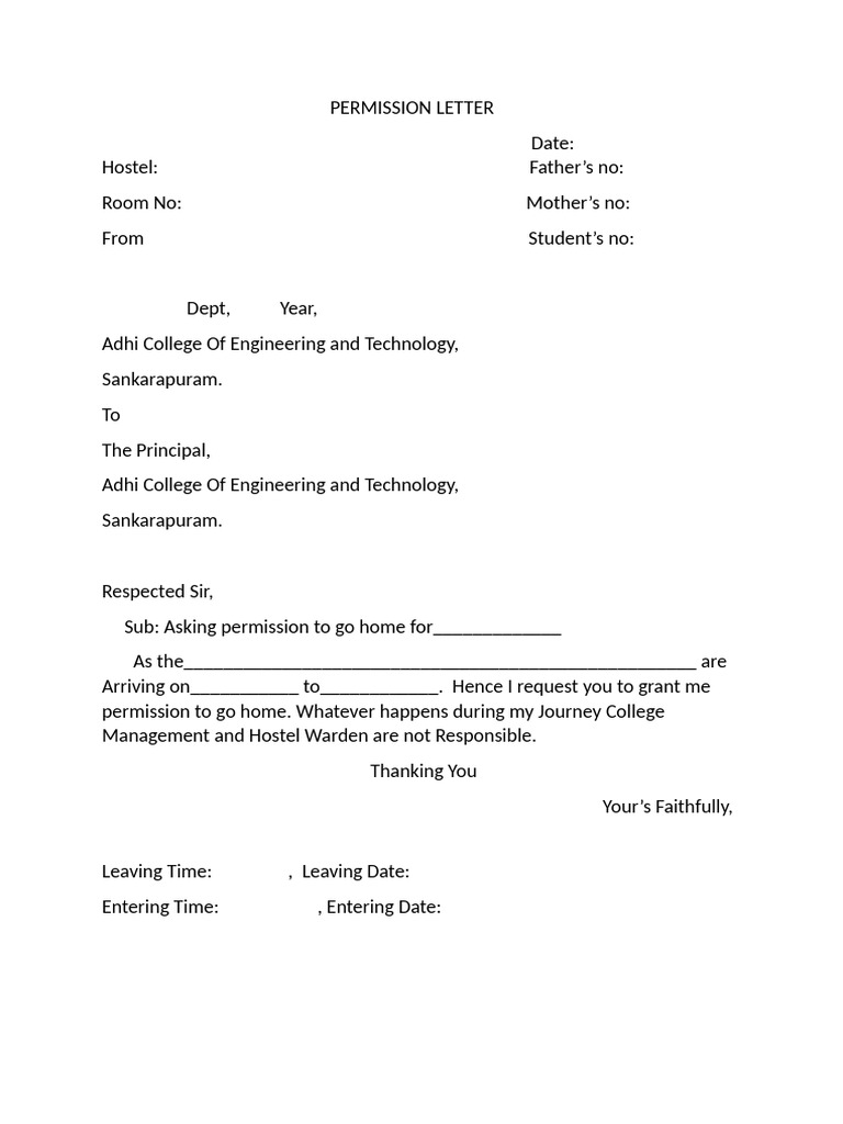 Hostel Permission Letter Template | PDF