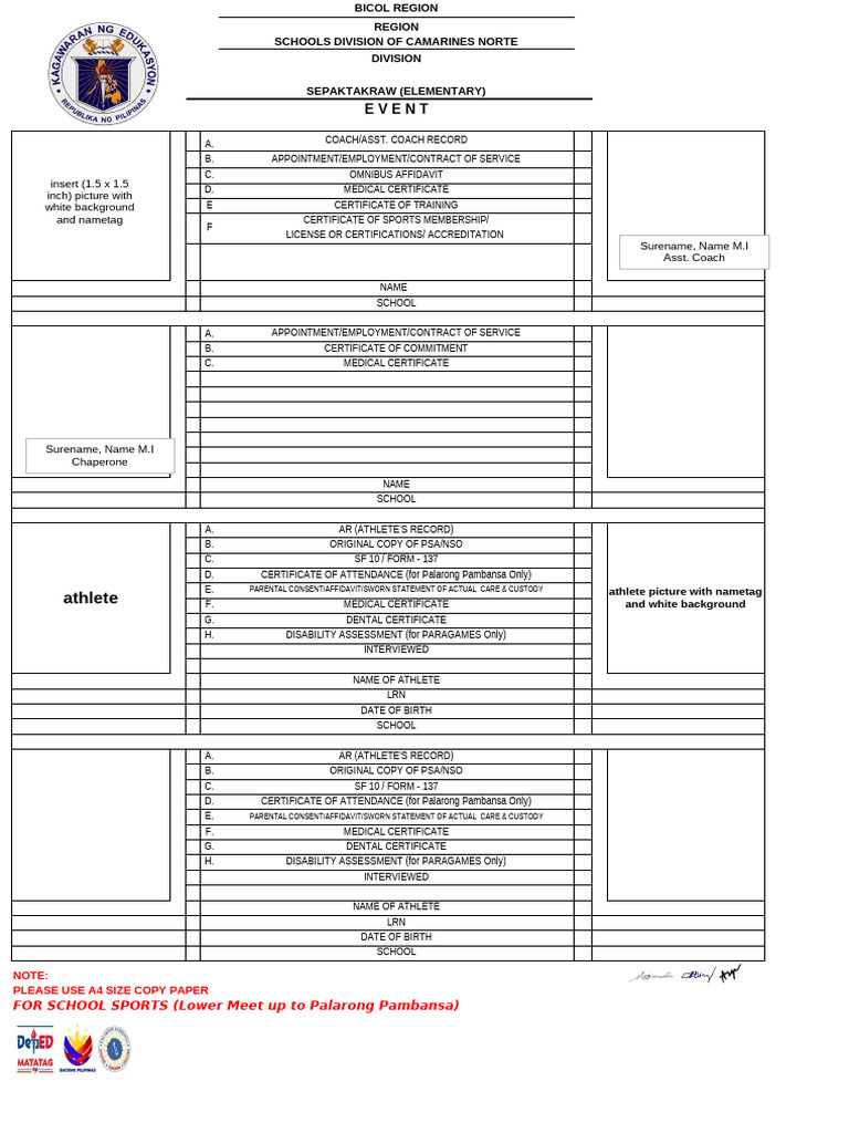 Bicol Region Elementary Sports Forms | PDF | Evidence