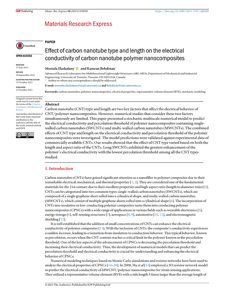 Elaskalany 2023 Effect of Carbon Nanotube Type and Length On The E ...