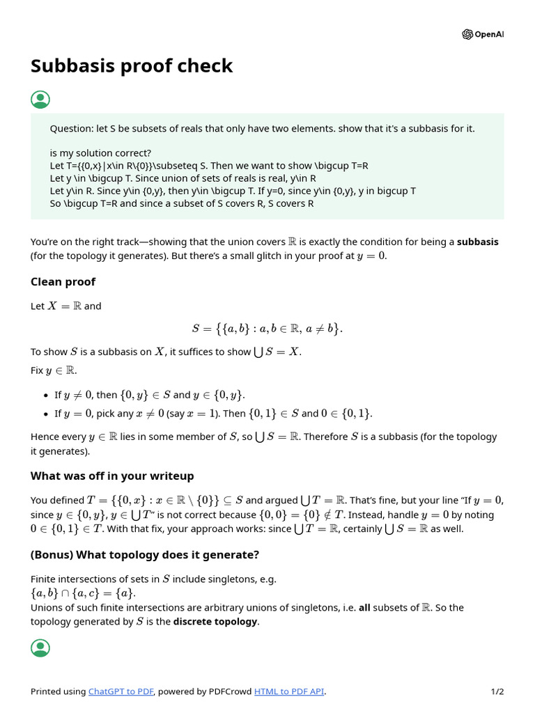 Subbasis Proof Check | PDF | Mathematical Analysis | Mathematical Logic