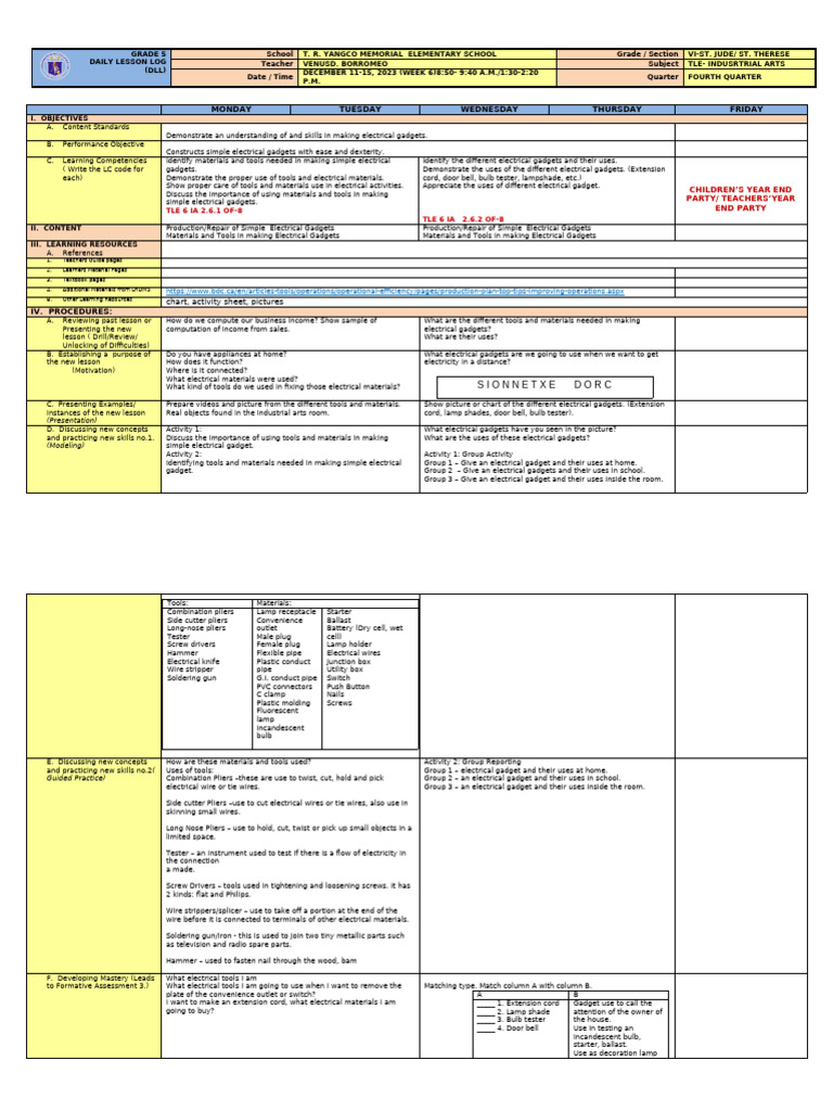 Grade 5 TLE Lesson: Electrical Gadgets | PDF | Electrical Connector ...