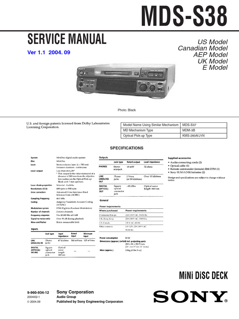 Sony MDS-S37 Service Manual Guide | PDF | Electromagnetism