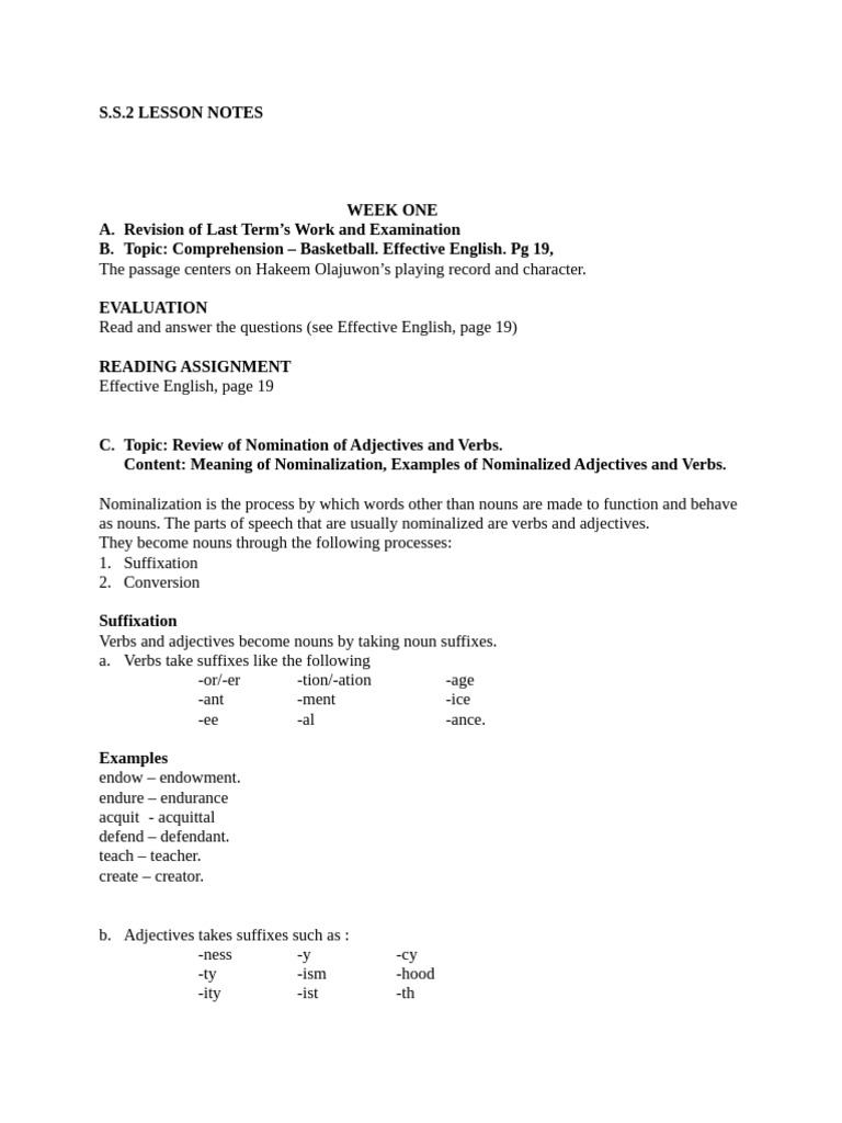 S.S.2 English Lesson Notes: Week 1-2 | PDF | Adverb | Linguistics