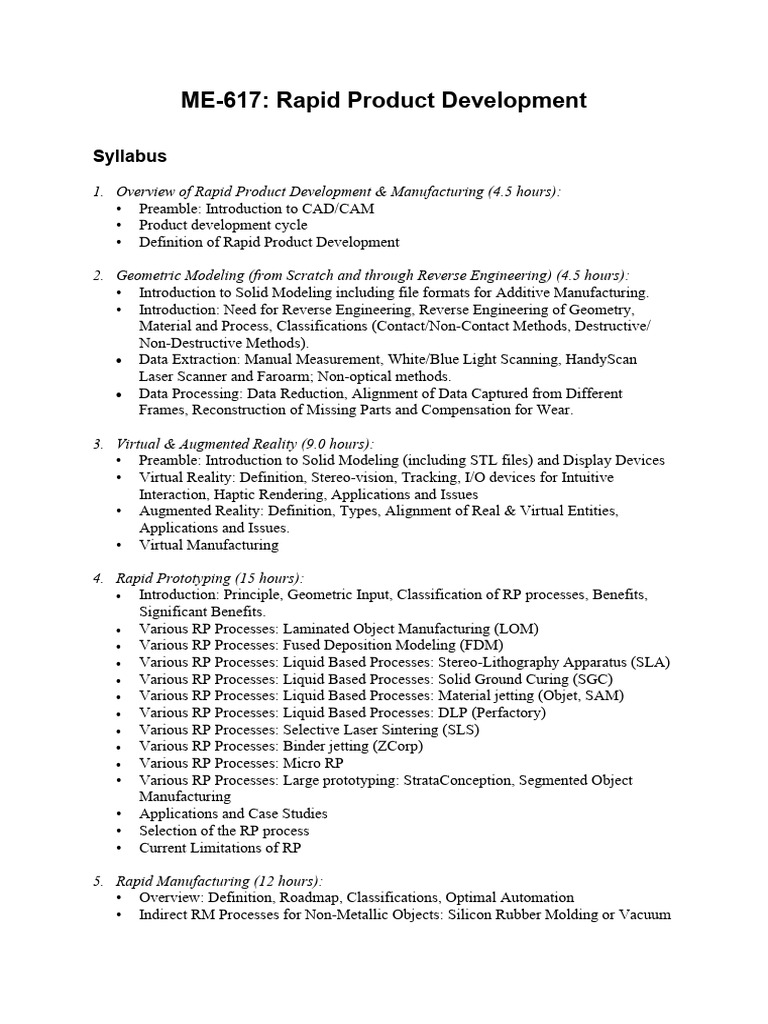 Rapid Product Development Course Syllabus | PDF | 3 D Printing ...