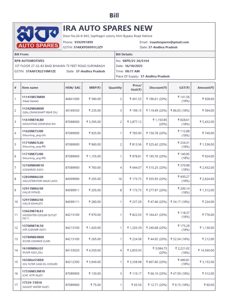 Invoice for Auto Spare Parts Purchase | PDF | Land Vehicles | Vehicles