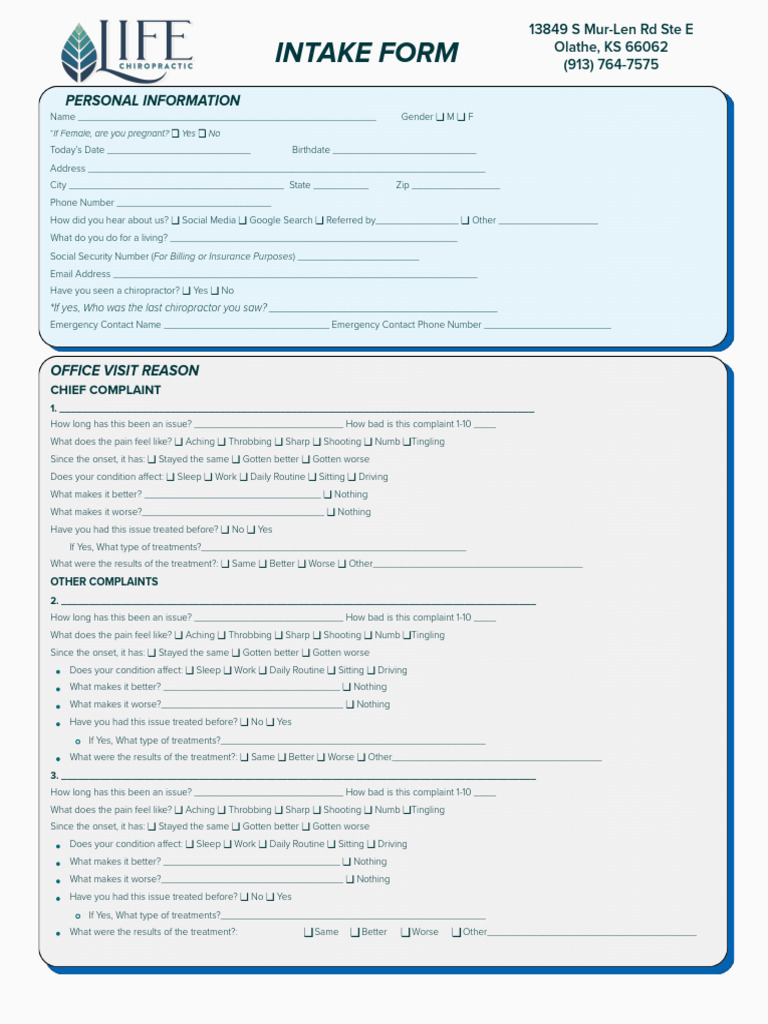 Chiropractic Intake Form and Consent | PDF | Chiropractic | Osteoporosis