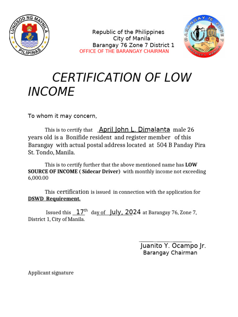 Certificate of LOW Income 2 | PDF