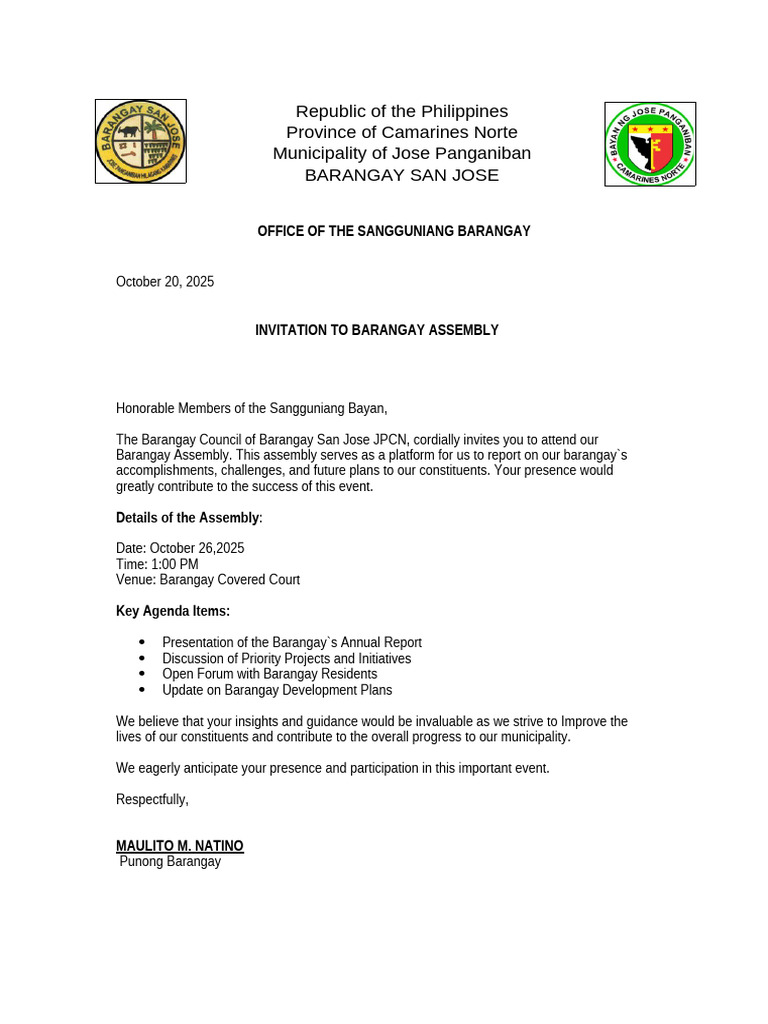 Barangay Assembly Invitation - Oct 26, 2025 | PDF