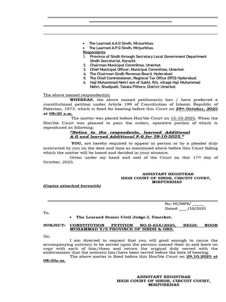 Constitutional Petition D-654/2025 Hearing | PDF | Sindh