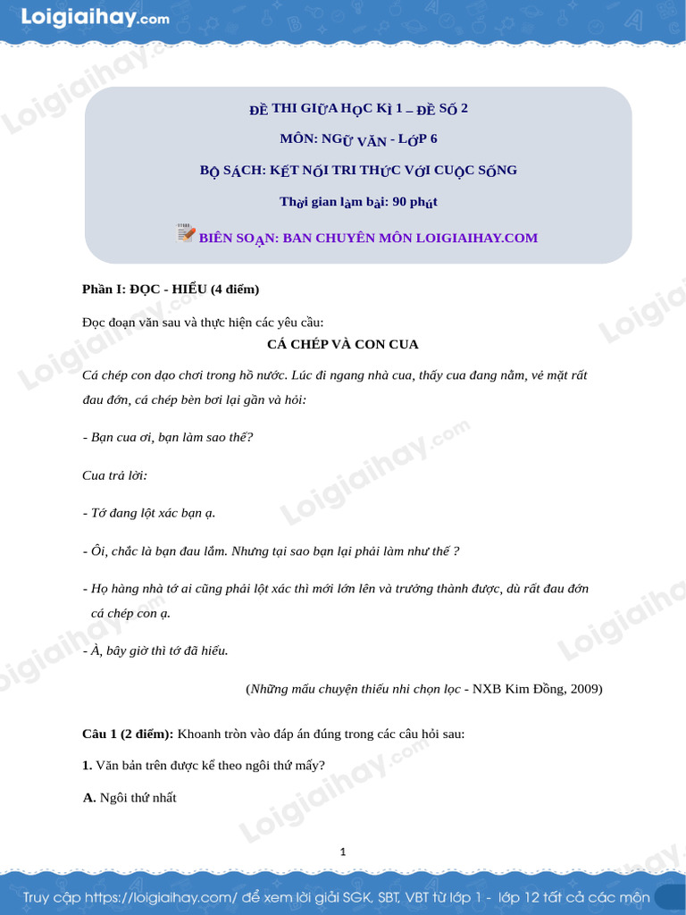 De Thi Giua Ki 1 Van 6 Ket Noi Tri Thuc Moi de So 2 Gui Hs | PDF