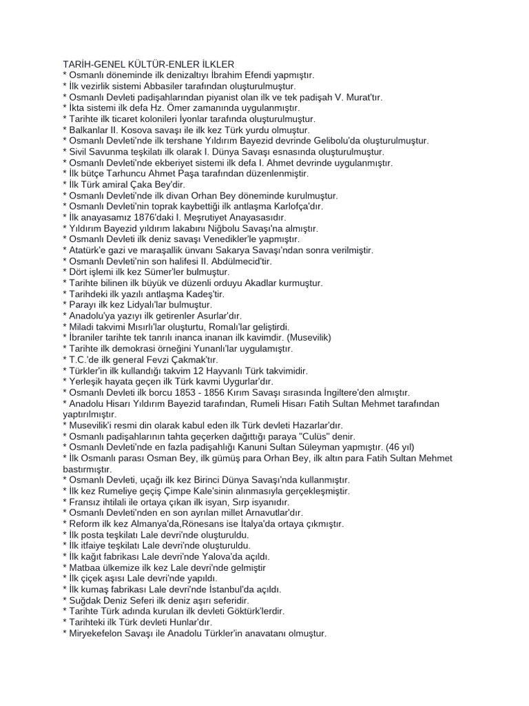 Tarih Genel Kültür Enler İlkler | PDF