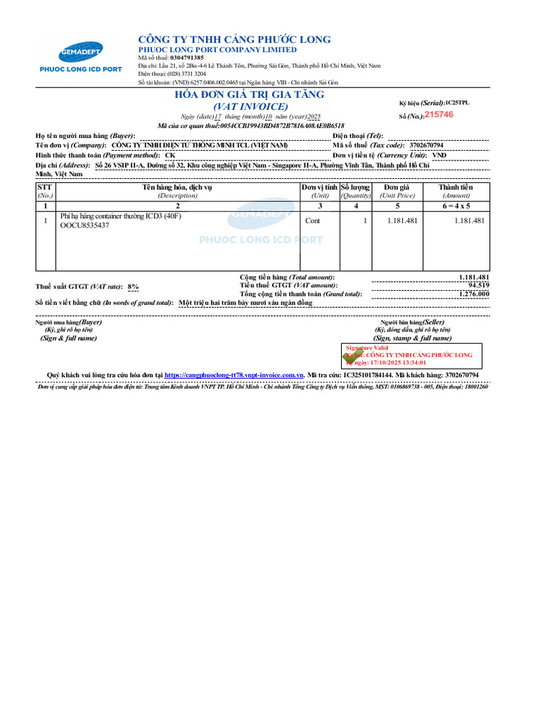Công Ty Tnhh Cảng Phước Long: (Vat Invoice) | PDF