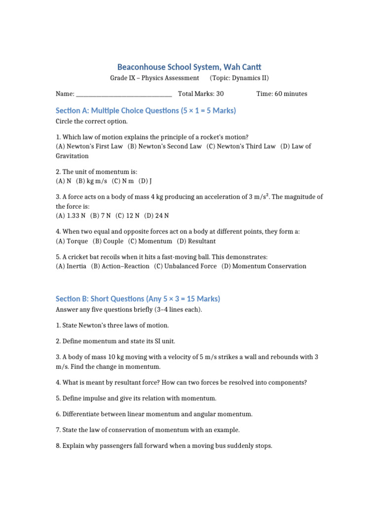 Newton's Laws and Dynamics Assessment | PDF