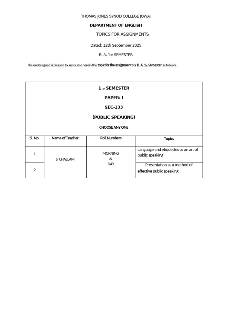 Topics For Assignment, (1st, Sec - Public Speaking) - 1 | PDF