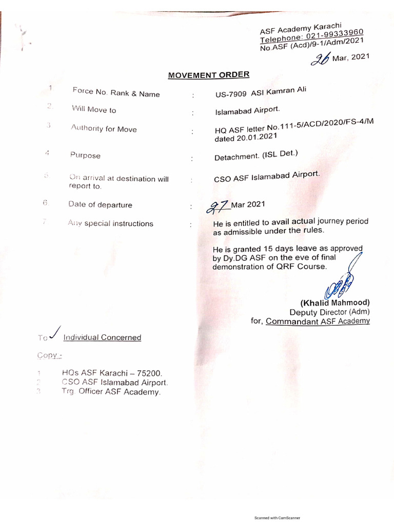 ASI Kamran Movement Order QRC-01 | PDF
