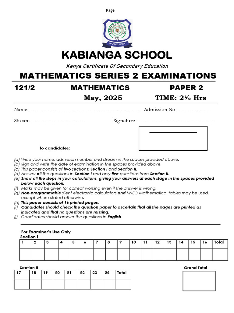 Kabianga KCSE Mathematics Paper 2 Exam | PDF | Logarithm | Circle
