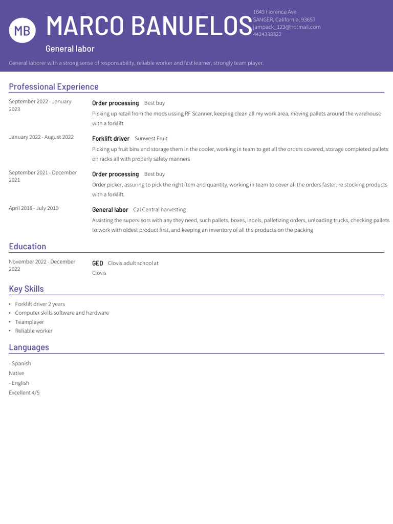 Experienced General Laborer Resume | PDF