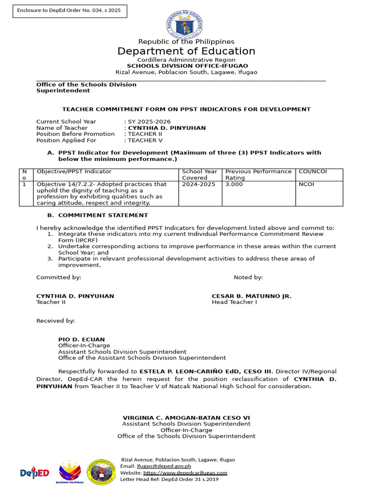 Teacher Commitment Form for PPST 2025 | PDF