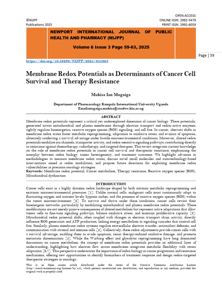 Membrane Redox Potentials As Determinants of Cancer Cell Survival and ...