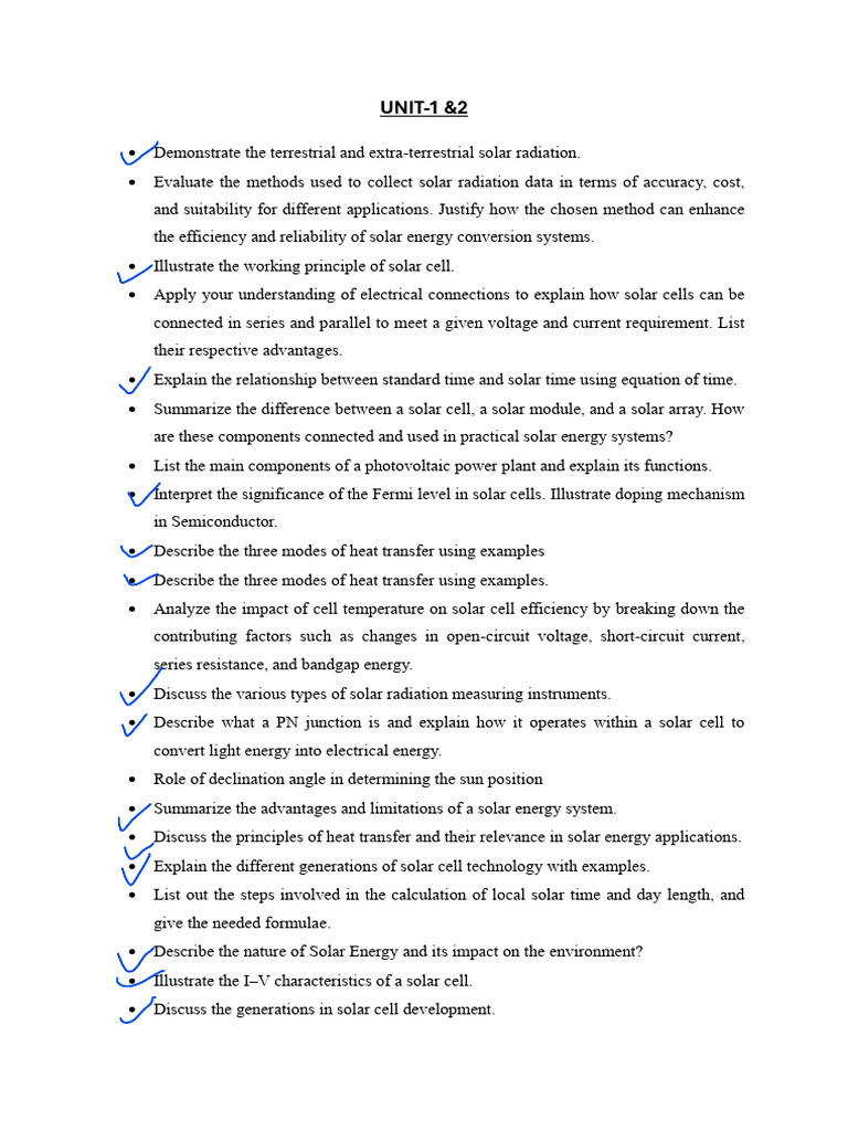 Solar Energy Important Questions | PDF | Solar Cell | Photovoltaics