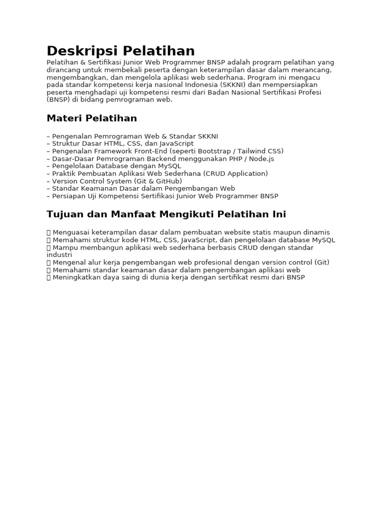 Pelatihan Sertifikasi Junior Web Programmer | PDF