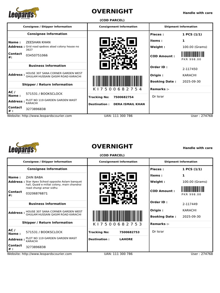 Overnight COD Parcel Shipment Details | PDF
