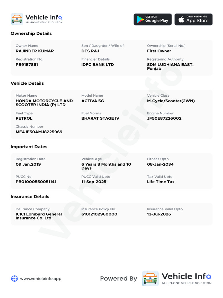 Vehicle Ownership & Details for Honda Activa | PDF