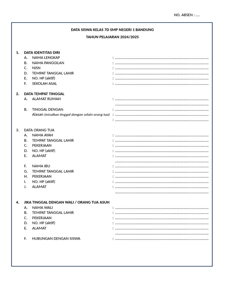 Data Siswa Kelas 7D SMP Negeri 1 Bandung | PDF