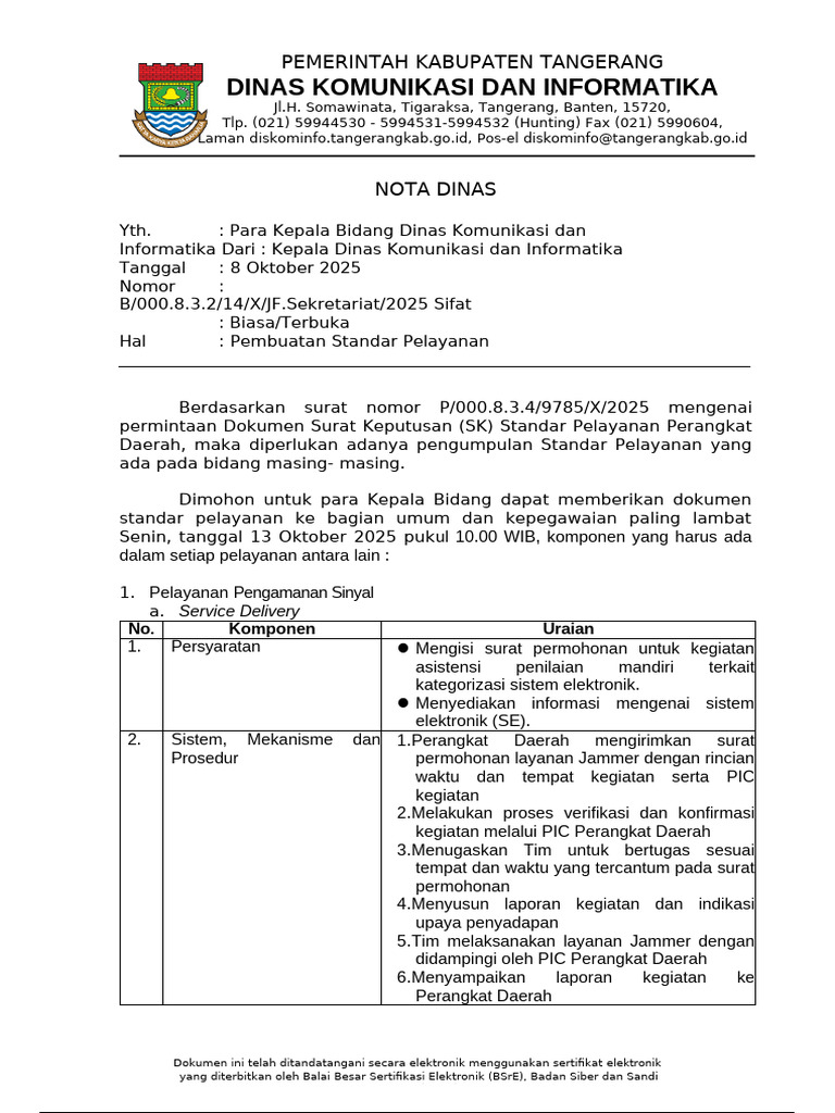 Nota Dinas Pembuatan SK Standar Pelayanan Pengamanan Sinyal | PDF