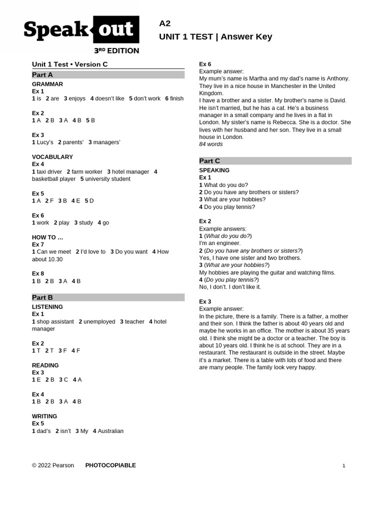 A2 Unit 1 Test Answer Key | PDF