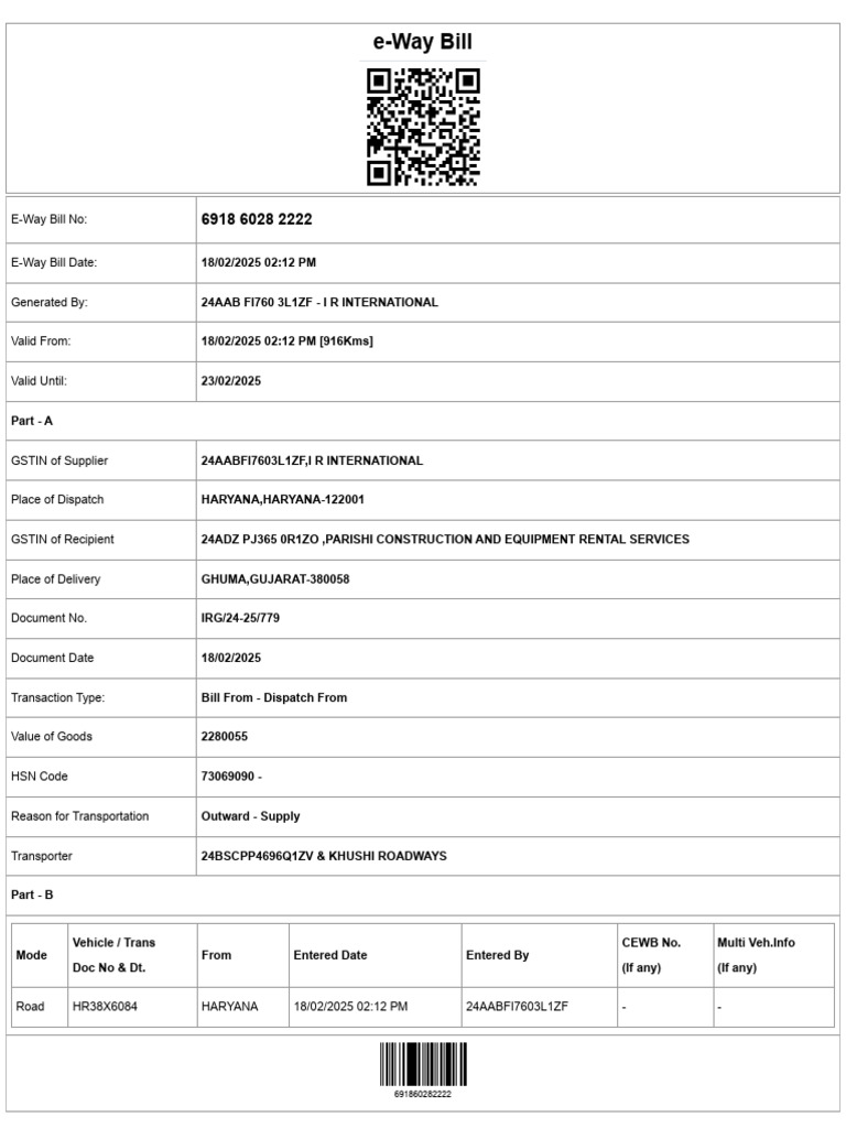 E-Way Bill for Parishi Rental Services | PDF