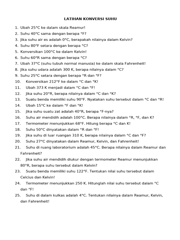 Soal Latihan Konversi Suhu Kelas 7 | PDF