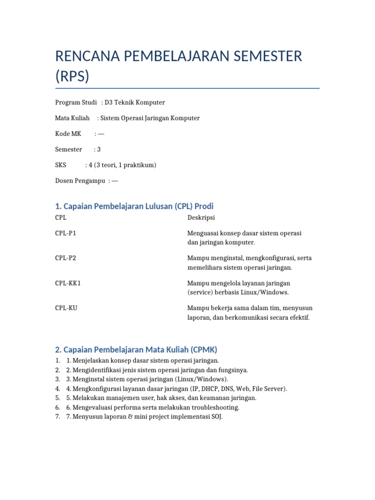 RPS Sistem Operasi Jaringan | PDF