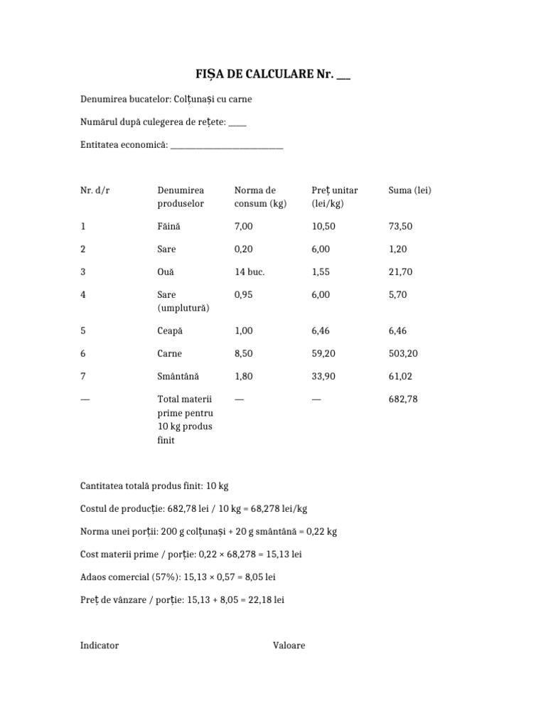 Fisa de Calculare Coltunasi Cu Carne | PDF