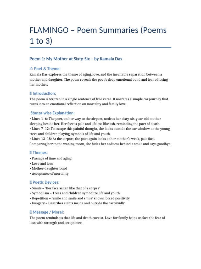 Flamingo Poem Summaries | PDF | Poetry