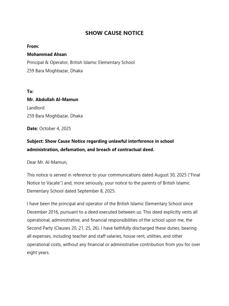 Show Cause Letter To Land Lord British Elem School - F | PDF | Expense ...