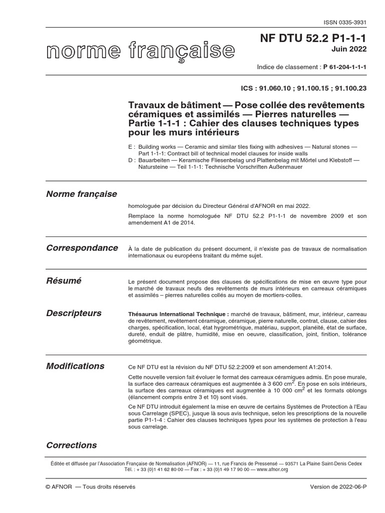 Norme NF DTU 52.2 P1-1-1 : Revêtements céramiques | PDF | Code de la ...