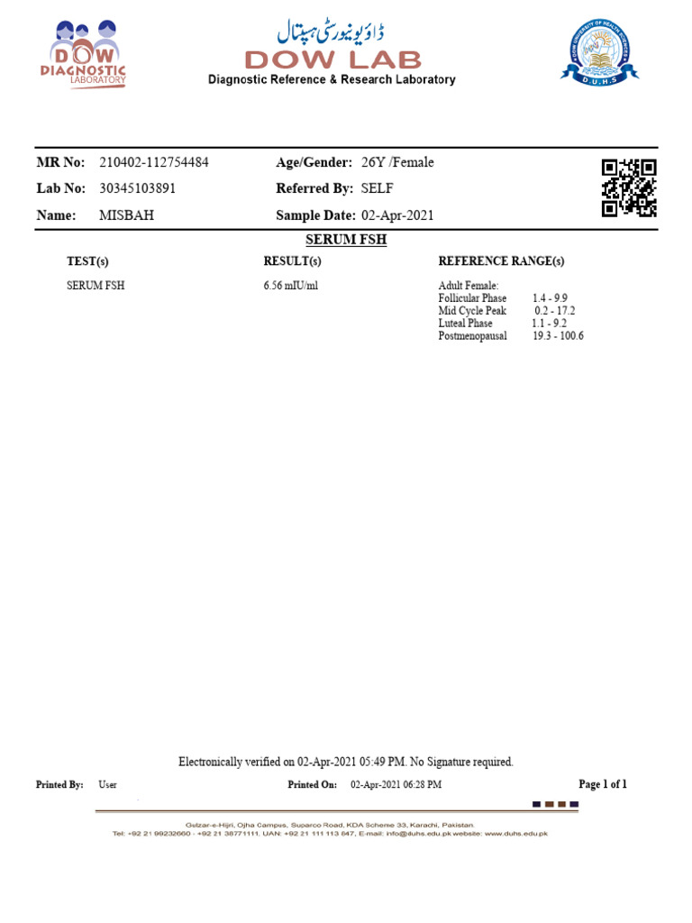 Serum FSH Test Results for Female | PDF