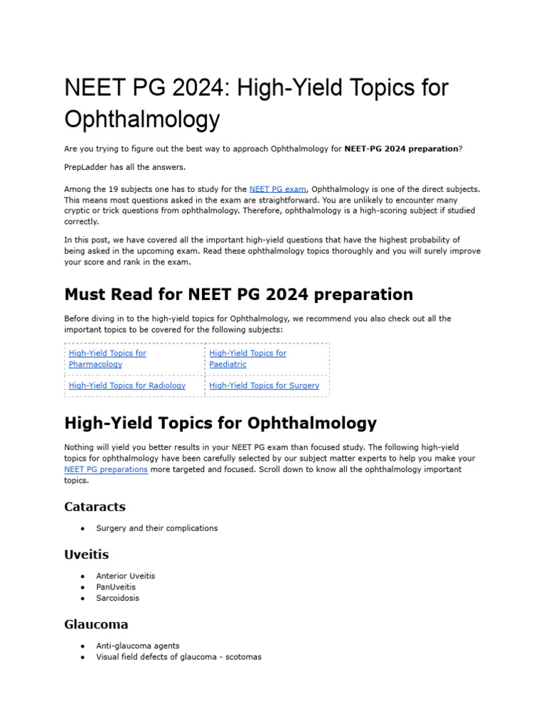 NEET PG 2024: Key Ophthalmology Topics | PDF | Ophthalmology | Glaucoma