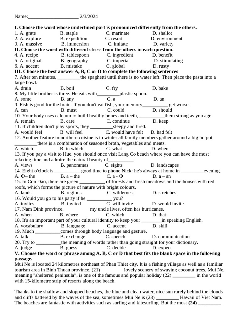 Vocabulary and Grammar Practice Test | PDF | Sausage | Foods