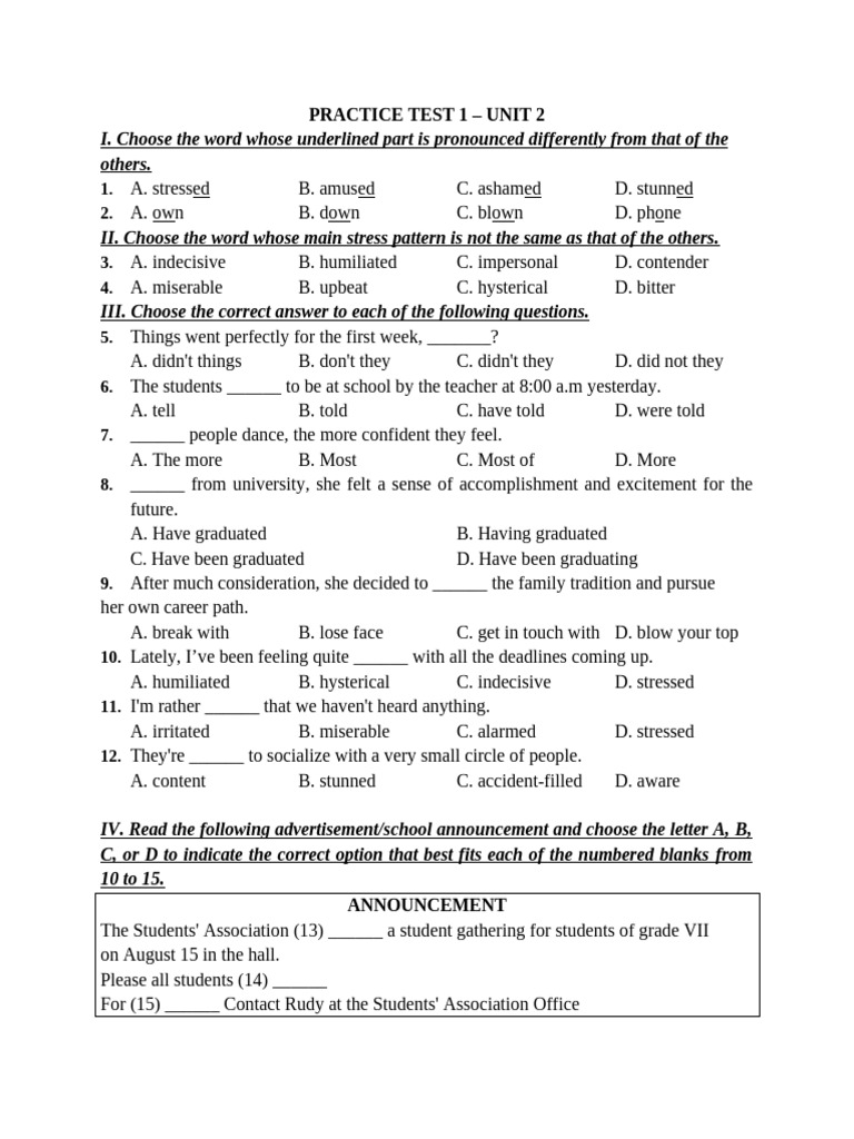 Unit 2 - Practice Test 1 - Grade 12 | PDF | Police | Pollution