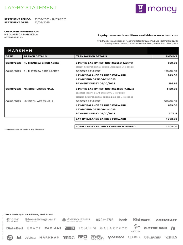 Lay-By Statement for Gladrica Mabokela | PDF | Financial Services