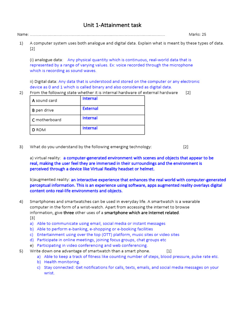Unit 1 - Evaluation Test - Ans | PDF | Computer Data Storage | Smartphone
