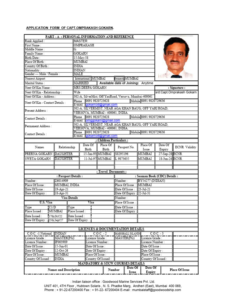 Captain Omprakash Gokarn's Application Form | PDF | Oil Tanker