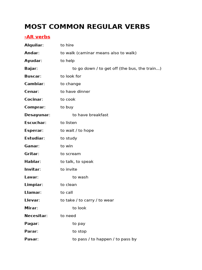Common Regular Spanish Verbs List | PDF