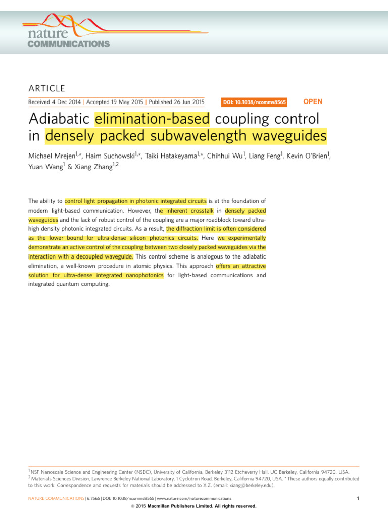 Coupling Control in Subwavelength Waveguides | PDF | Waveguide ...