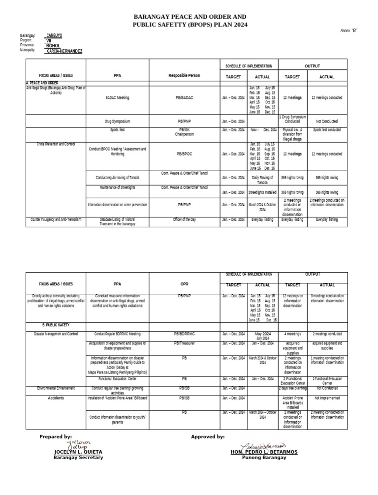 Barangay Bohol Peace and Order Plan 2024 | PDF | National Security