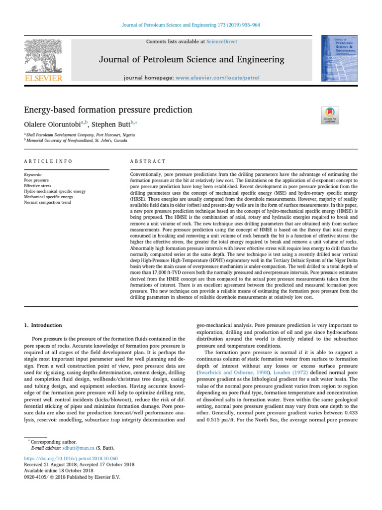 Energy-Based Pore Pressure Prediction | PDF | Porosity | Pressure